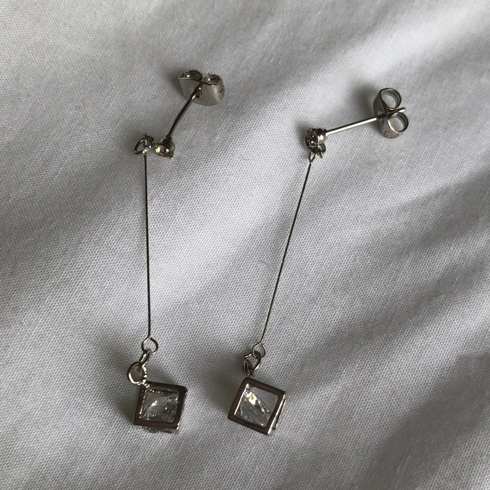 Fake diamond in cube long silver earrings